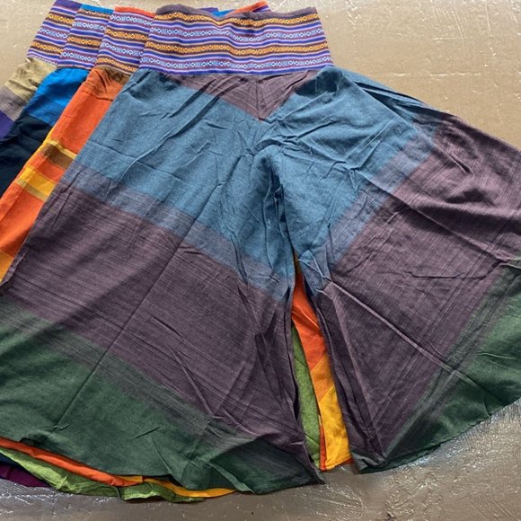 Katmandu Trading Company Pants - (SOLD) Bhutani Cotton Waist Wide-Leg Flare Pants - Tri Color (Plum)